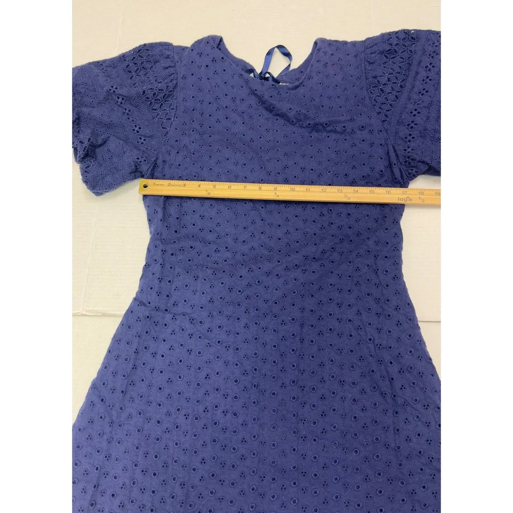 Free People Eyelet Mini Dress Large Navy Blue Open Back Puff‎ Sleeve Cottagecore